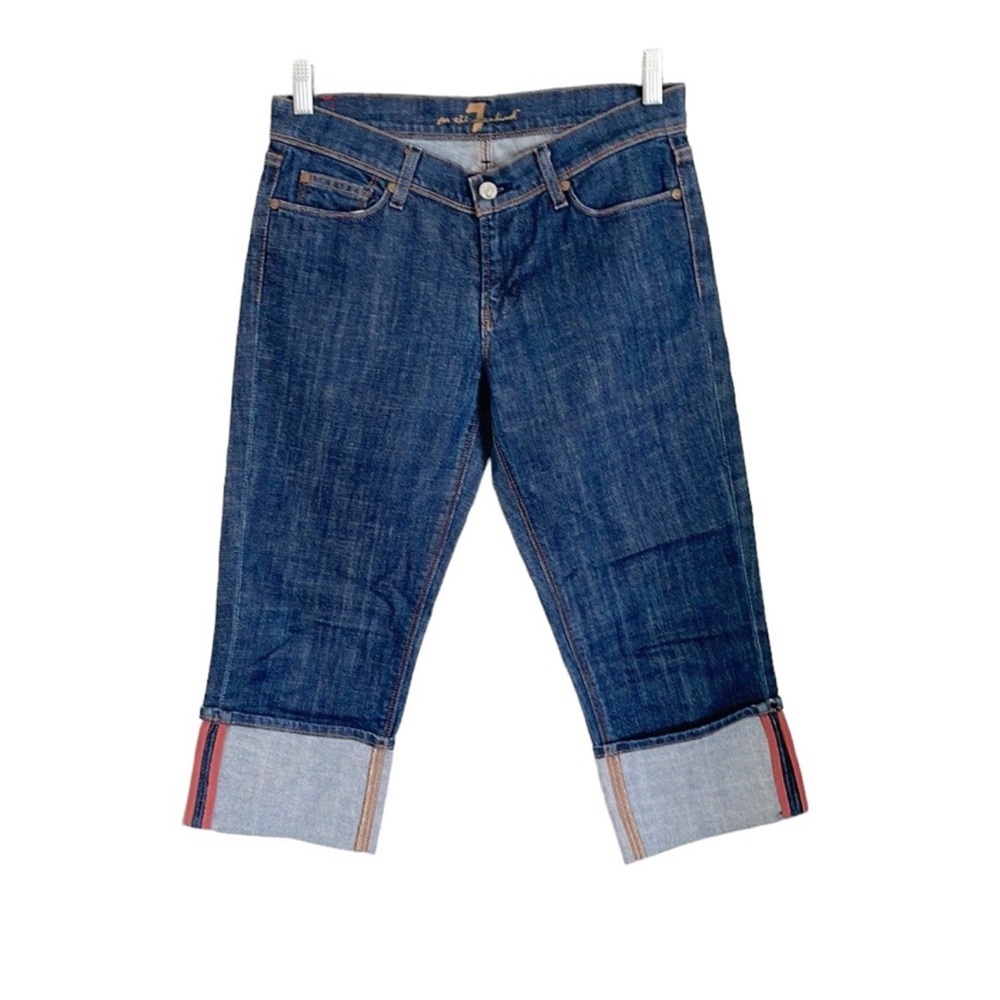 7 For All Mankind Dark Blue Cropped Jeans with Cuffed Stripe Detail
